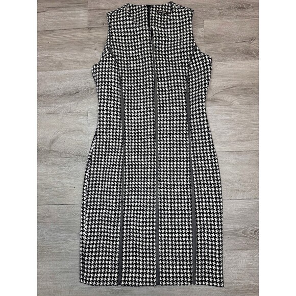 J. McLaughlin Dresses & Skirts - J. McLaughlin Houndstooth Sheath Dress Black White Faux Leather Trim Size 0